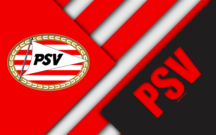 El PSV Eindhoven, con el emblema de 4k, dise&#241;o de materiales, PSV FC, club de f&#250;tbol holand&#233;s, blanco rojo abstracci&#243;n, Eredivisie, Eindhoven, pa&#237;ses Bajos, f&#250;tbol