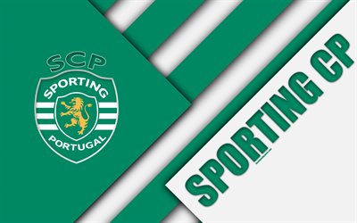 Sporting FC, portoghese football club, 4k, il logo, il design dei materiali, verde, bianco astrazione, Primeira Liga, Lisbona, Portogallo, il calcio, la Premier League