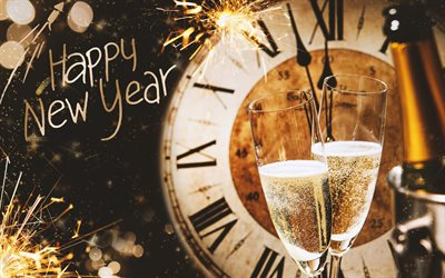 Felice Anno Nuovo, orologio, 2018, champagne, a mezzanotte, le luci, i fuochi d&#39;artificio