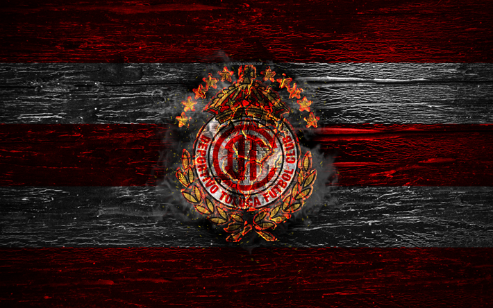 Toluca FC, fire logo, Liga MX, red and white lines, Mexican football club, grunge, football, soccer, Toluca logo, wooden texture Mexiсo