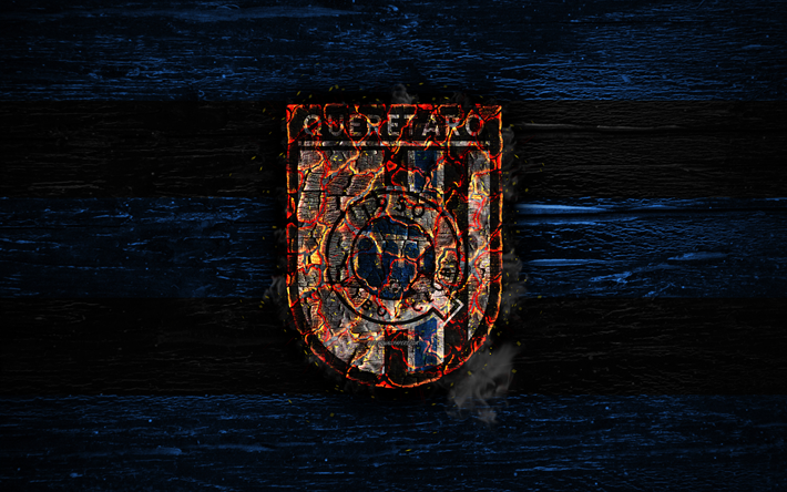 Queretaro FC, fire logo, Liga MX, blue and black lines, Mexican football club, Primera Division, grunge, football, soccer, Queretaro logo, wooden texture Mexiсo