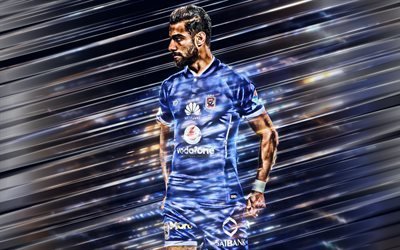 Amr Elsolia, 4k, Al Ahly SC, Egyptian footballer, creative art, blades style, Egyptian Premier League, Egypt, blue background, lines art, football