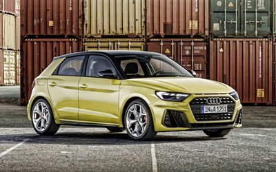Audi A1, 2019, n&#228;kym&#228; edest&#228;, uusi keltainen A1, ulkoa, keltainen hatchbacks, Saksan autoja, Audi