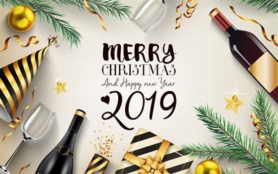 Feliz Navidad, Feliz A&#241;o Nuevo 2019, fondo creativo, champagne, 3D decoraciones de oro bolas de Navidad, luz de Navidad de fondo