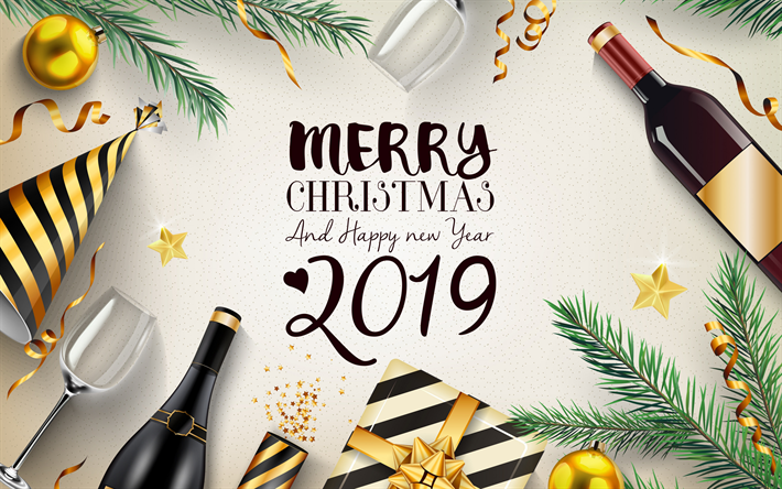 Merry Christmas, Happy New Year 2019, creative background, champagne, 3D decorations, golden Christmas balls, light Christmas background