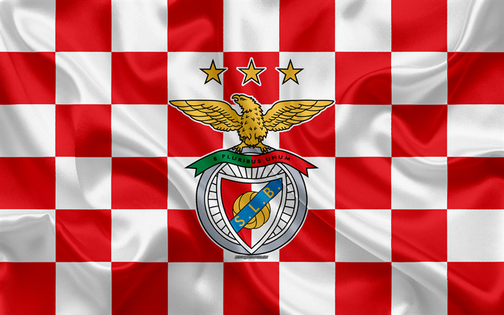 SL Benfica, 4k, logo, creative art, red and white checkered flag, Portuguese football club, Primeira Liga, Liga NOS, emblem, silk texture, Lisbon, Portugal, football, Benfica FC