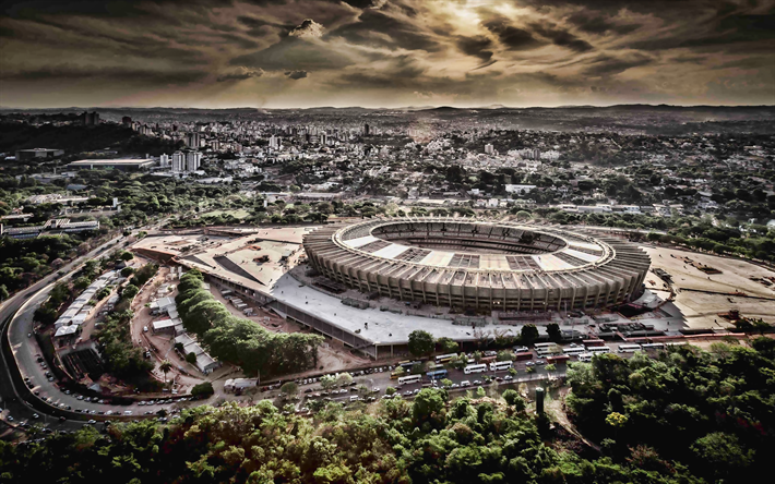 Mineirao Stadium, 4k, sunset, soccer, HDR, Cruzeiro Stadium, football stadium, aerial view, Belo Horizonte, Minas Gerais, Brazil, Mineirao