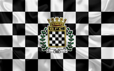 Boavista FC, 4k, logo, creative art, black and white checkered flag, Portuguese football club, Primeira Liga, Liga NOS, emblem, silk texture, Porto, Portugal, football