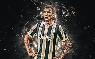 Mario Mandzukic, 2018, Juventus FC, soccer, forward, Serie A, croatian footballers, Mandzukic, neon lights, Juve, Bianconeri