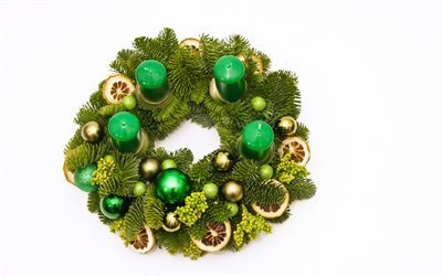 Ghirlanda di natale, sfondo bianco, verde, candele, corona con candele, Buon Natale, Nuovo Anno