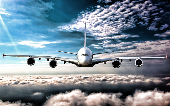 Flying A380, blue sky, clouds, Airbus A380, airliner, passenger planes, Airbus, A380, HDR