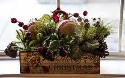 Joyeux Noël, de la décoration, de l'arbre de Noël avec des boules, boîte en bois, Santa Claus