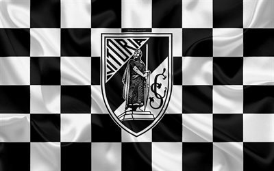 Vitoria Guimaraes SC, 4k, logo, arte criativa, preto e branco bandeira quadriculada, Portuguesa futebol clube, Primeira Liga, Liga-NOS, emblema, textura de seda, Guimaraes, Portugal, futebol