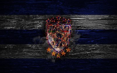 Pachuca FC, fire logo, Liga MX, blue and white lines, Mexican football club, Primera Division, grunge, football, soccer, Pachuca logo, wooden texture Mexiсo