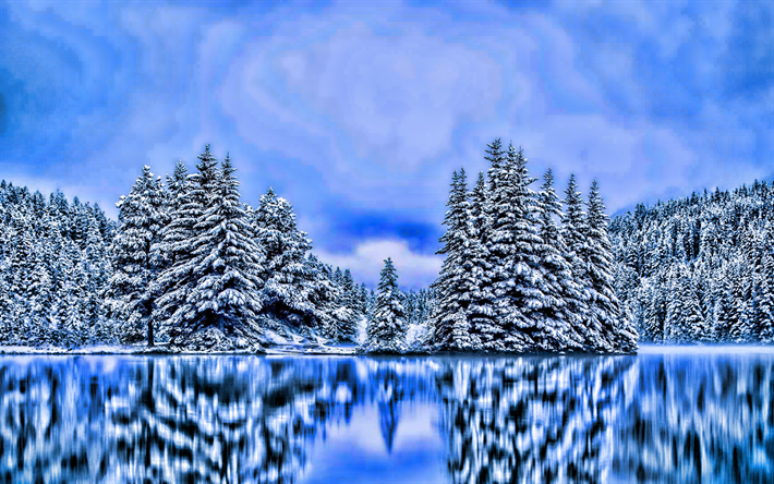winter, HDR, reflections, snowdrifts, forest, lake, mountains, winter nature