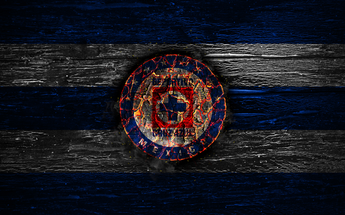 Cruz Azul FC, fuoco, logo, Liga MX, blu e bianco a righe, Messicani del club di calcio, Primera Division, grunge, calcio, calcio Cruz Azul logo, texture legno Messico
