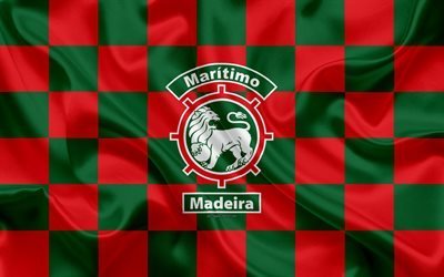 CS Maritimo, 4k, logo, creativo, arte, rosso, verde bandiera a scacchi, calcio portoghese club, Primeira Liga, Liga NOS, emblema, seta, texture, Funchal, Portogallo, calcio
