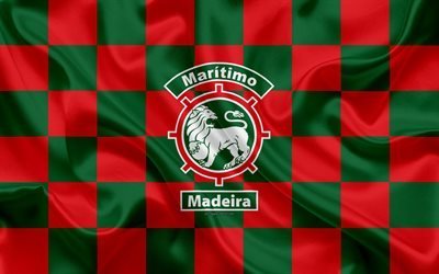 cs maritimo, 4k, logo, kunst, rot-gr&#252;n-karierten flagge, portugiesische fu&#223;ball-club, primeira liga, liga nos emblem, seide textur, funchal, portugal, fu&#223;ball