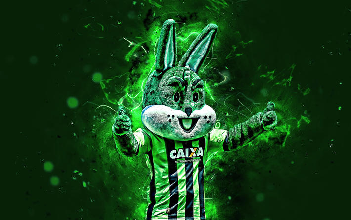 Coelho, 4k, mascot, green bunny, America Mineiro FC, abstract art, Brazilian Serie A, brazilian football club, America MG, creative, official mascot, neon lights, America Mineiro mascot