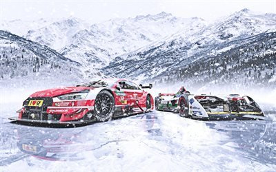 Audi RS5 DTM, Audi E-tron FE04, 2019, 4k, voitures de course, l&#39;hiver, la neige, le lac gel&#233;, les voitures de sport allemandes, Audi, motosport
