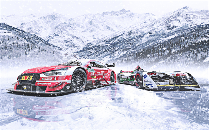 Audi RS5 DTM, Audi E-tron FE04, 2019, 4k, racing cars, winter, snow, frozen lake, German sports cars, Audi, motosport