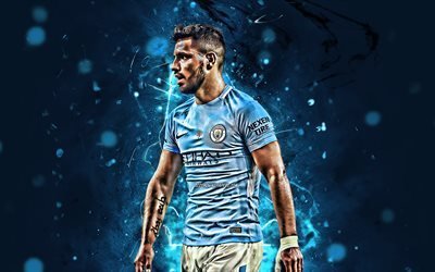 Sergio Aguero, Argentinsk fotbollsspelare, side view, Manchester City FC, fotboll, Aguero, Premier League, Man City, neon lights