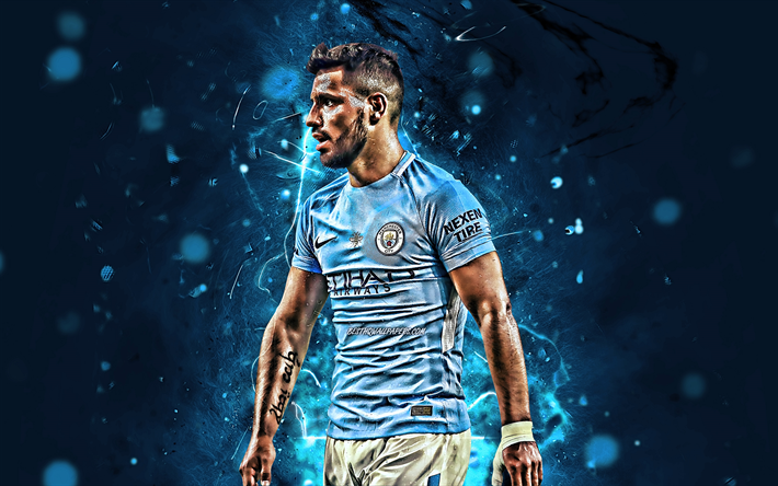 Sergio Aguero, Argentinsk fotbollsspelare, side view, Manchester City FC, fotboll, Aguero, Premier League, Man City, neon lights