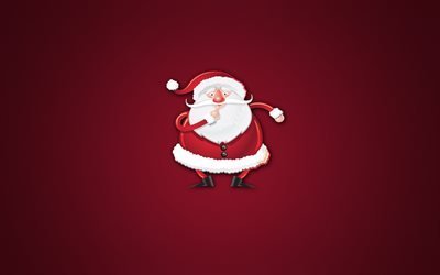 4k, Santa Claus, Feliz A&#241;o Nuevo, m&#237;nimo, de fondo rojo, de dibujos animados de Santa Claus