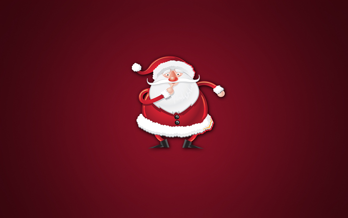 4k, Noel Baba, Yeni Yılın kutlu olsun, minimal, kırmızı arka plan, Karikat&#252;r Noel Baba