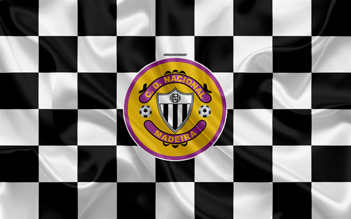 CD Nacional, 4k, logo, yaratıcı sanat, siyah beyaz damalı bayrak, Portekiz Futbol Kul&#252;b&#252;, Ilk Lig, Lig NOS, amblem, ipek doku, L&#252;ks, Portekiz, futbol