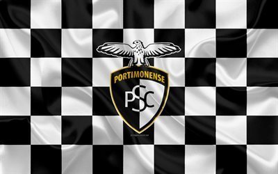 Portimonense SC, 4k, logotyp, kreativ konst, svart och vit rutig flagga, Portugisiska football club, Den F&#246;rsta Ligan, League OSS, emblem, siden konsistens, Portimao, Portugal, fotboll