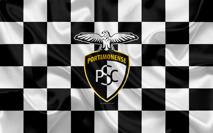Portimonense SC, 4k, logo, creative art, black and white checkered flag, Portuguese football club, Primeira Liga, Liga NOS, emblem, silk texture, Portimao, Portugal, football