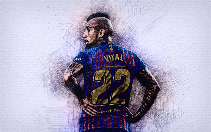 Arturo Vidal, football stars, Barcelona FC, La Liga, soccer, football, drawing Arturo Vidal, Barca, spanish club, Chilean footballers