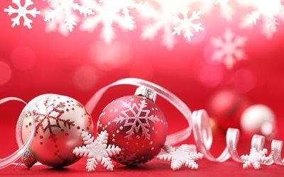 赤いクリスマスの背景, 白雪, 赤いクリスマスボール, 冬, 雪, 美術, 新年, クリスマス