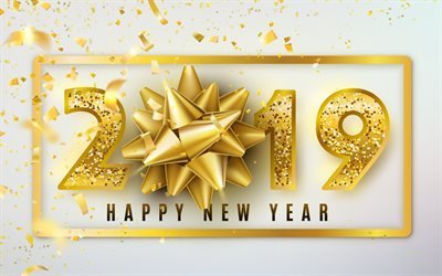 2019 gold bow, Happy New Year 2019, gray background, 2019 golden bow, 2019 3D art, 2019 concepts, 2019 on white background, 2019 year digits