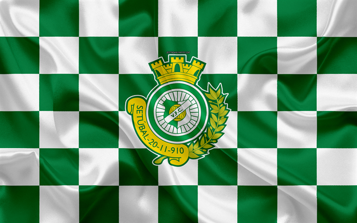 Vitoria Setubal FC, 4k, logo, creative art, green white checkered flag, Portuguese football club, Primeira Liga, Liga NOS, emblem, silk texture, Setubal, Portugal, football