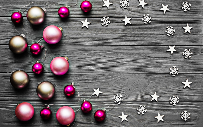 Decoraci&#243;n de la navidad, p&#250;rpura bolas, estrellas, Feliz a&#241;o Nuevo, fondo de madera, decoraci&#243;n de Navidad, Navidad, Feliz Navidad