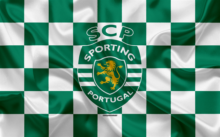 Sporting CP, 4k, logo, arte criativa, verde bandeira quadriculada branca, Portuguesa futebol clube, Primeira Liga, Liga-NOS, emblema, textura de seda, Lisboa, Portugal, futebol