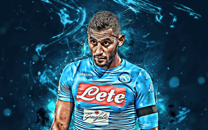 Faouzi Ghoulam, Algerian footballers, Napoli FC, soccer, Serie A, Ghoulam, neon lights, creative