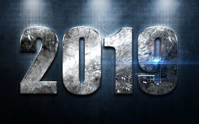 2019 metal digits, artwork, Happy New Year 2019, blue metal background, 2019 metal art, 2019 concepts, blue neon lights, 2019 on metal background, 2019 year digits
