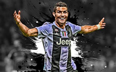 4k, Cristiano Ronaldo, white and black blots, Portuguese footballers, Juventus FC, soccer, Serie A, Juve, Ronaldo, football, CR7 Juve, grunge, Italy