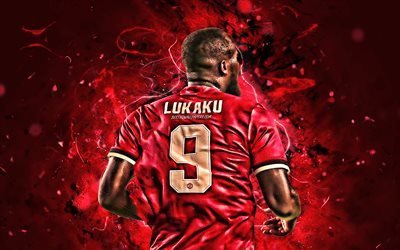 Romelu Lukaku, back view, Manchester United FC, Belgian footballers, neon lights, forward, Premier League, Lukaku, soccer, football, Man United