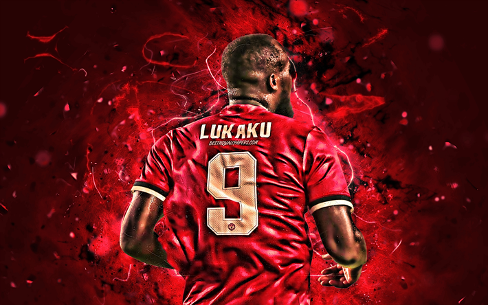 Romelu Lukaku, vue de dos, Manchester United FC, les Belges, les footballeurs, les n&#233;ons, en avant, en Premier League, Lukaku, de soccer, de football, de Man United