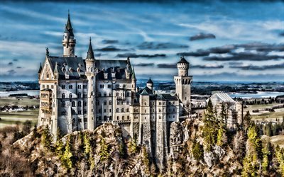 Neuschwanstein castle, HDR, autumn, Hohenschwangau, Alps, Schwangau, Germany, german landmarks, Bavaria, Europe, Neuschwanstein in autumn