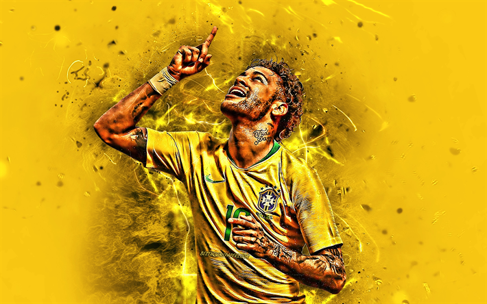 Neymar, keltainen tausta, jalkapallo t&#228;hte&#228;, Brasilian Maajoukkueen, tavoite, Neymar JR, jalkapallo, iloa, luova, neon valot, Brasilian jalkapallojoukkue