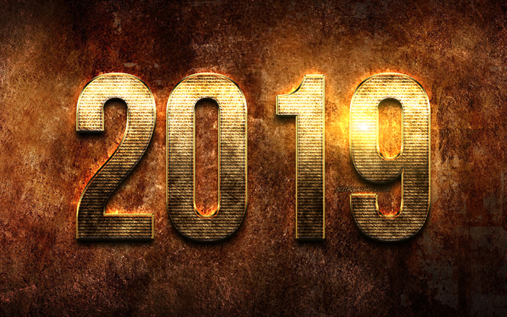 2019 2019 altın basamak, paslı arka plan, yaratıcı, Mutlu Yeni Yıl, altın basamak, 2019 kavramlar, paslı arka plan &#252;zerinde 2019, 2019 yılı basamak