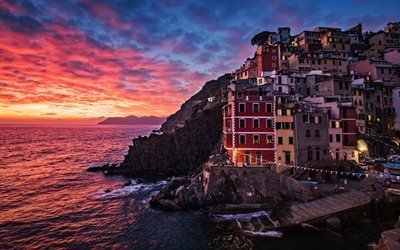 Riomaggiore, sunset, Mediterranean sea, seascape, evening, resorts, Italy