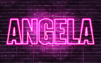 Angela, 4k, wallpapers with names, female names, Angela name, purple neon lights, horizontal text, picture with Angela name
