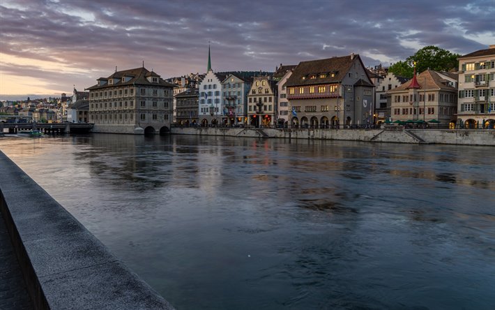 チューリッヒ, Limmat川, 夜, 夕日, 美しい都市, チューリッヒの街並み, スイス