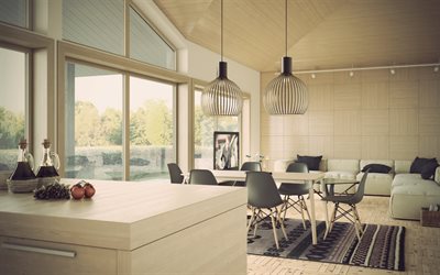 stylish bright kitchen interior, round stylish glass chandeliers, light wooden ceiling, modern interior design, living room